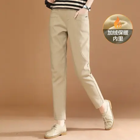 韩潮袭人卡其色松紧腰加绒休闲裤女冬季新款哈伦西装长裤子厚图片