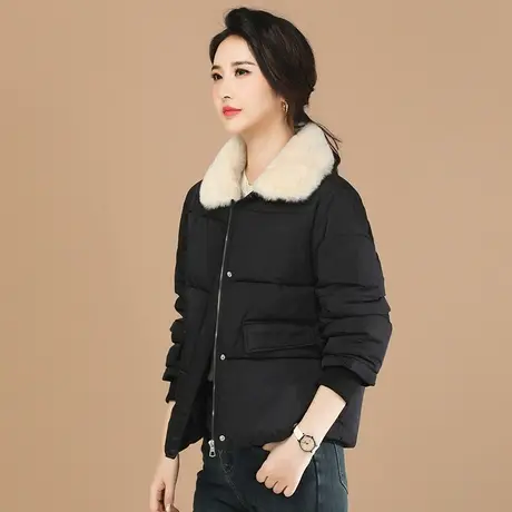 韩朝袭人拼接毛领黑色棉衣棉服女2023冬装新款百搭保暖加厚小棉袄图片