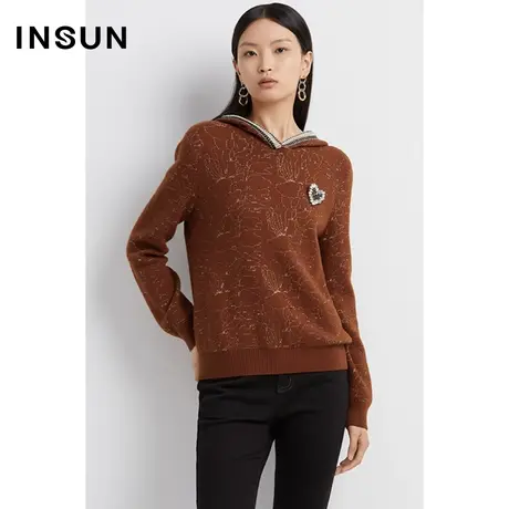INSUN恩裳线上专选冬季连帽金色提花毛针织衫图片