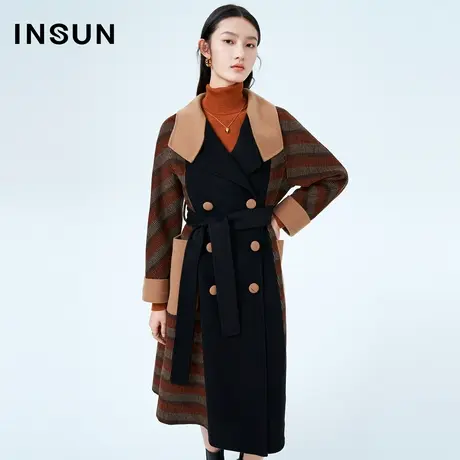 恩裳奥莱冬季双面呢大衣撞色格纹羊毛束腰中长毛呢外套商品大图