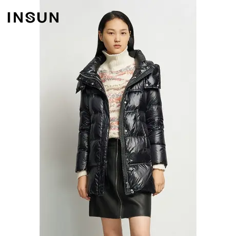 INSUN恩裳冬季白鹅绒腰带收身中长款羽绒服图片