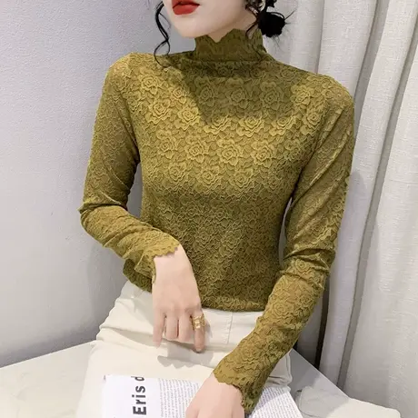 气质花边蕾丝打底衫女春秋2024新款洋气修身显瘦半高领上衣女长袖图片