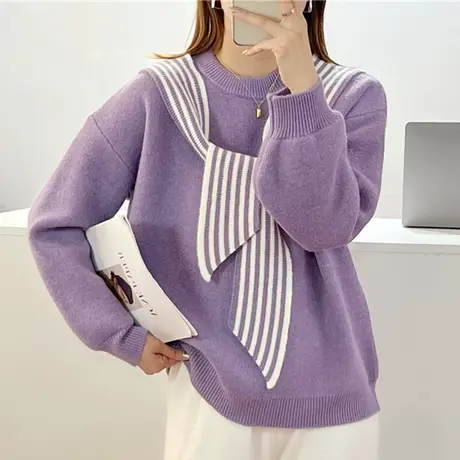 秋装2024年新款学院风围巾圆领宽松毛衣女爆款慵懒风软糯针织衫女商品大图