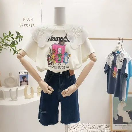 ins学院风蕾丝娃娃领上衣2022夏季新款韩国东大门卡通短袖T恤小众图片