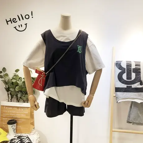 2019夏款韩国东大门字母马甲套装三件套运动休闲跑步沙滩套装大码商品大图