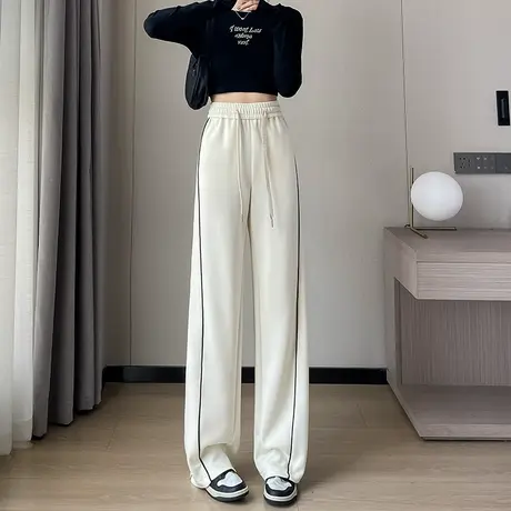 美式白色窄版阔腿裤女春秋2023新款宽松高腰直筒垂感休闲运动卫裤商品大图