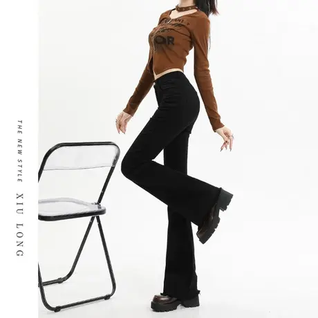 黑色毛边微喇叭牛仔裤女秋冬季2023新款女士高腰显瘦弹力喇叭裤子商品大图