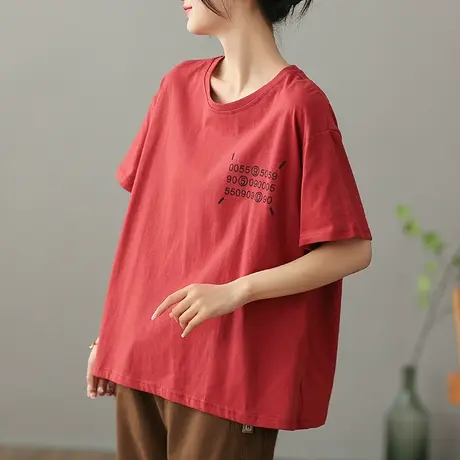 dza 复古纯棉短袖T恤女士2023夏季字母圆领体恤宽松显瘦打底上衣商品大图