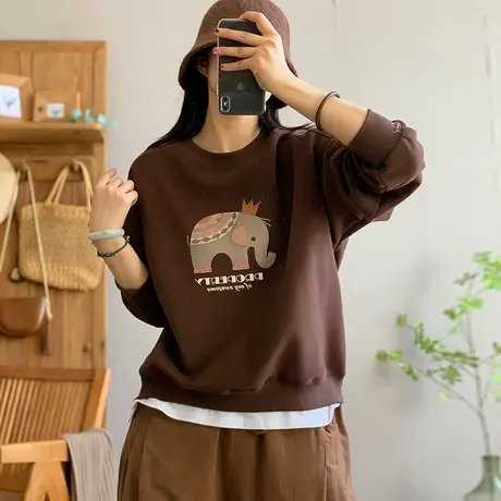 dza 复古圆领印花小象假两件加绒卫衣女冬加厚休闲上衣长袖短外套图片