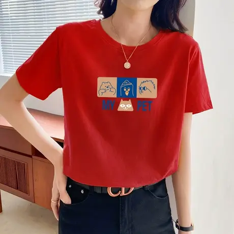 红色t恤女短袖宽松夏装2022新款百搭打底学生休闲夏季纯棉上衣潮图片