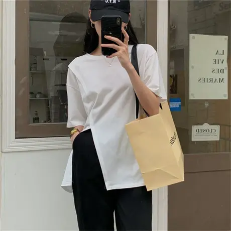 短袖t恤女夏季2021新款韩版ins潮侧开叉宽松不规则纯色中长款上衣商品大图