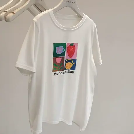 直呼好穿~2023新款趣味草莓印花韩系百搭圆领短袖T恤打底衫ins商品大图