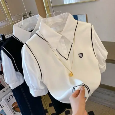假两件短袖衬衫女夏季新款法式Polo领体恤潮ins学院风短款上衣服图片