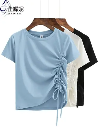 夏季新款韩版圆领修身纯棉短款纯欲抽绳短袖上衣内搭女打底衫T恤图片