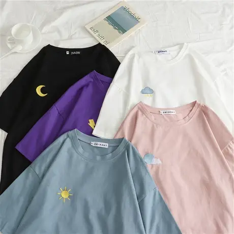 美式正肩复古刺绣情侣装短袖t恤女春夏季设计感小众宽松体恤上衣商品大图