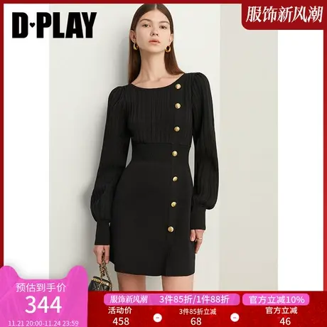 DPLAY秋新法式气质经典黑坑条纹理复古小泡袖A摆针织连衣裙图片