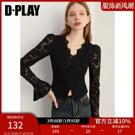 DPLAY【惠品】2025年春季新款法式黑色打底衫女蕾丝上衣长袖小衫商品大图