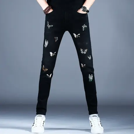 高档刺绣裤子男2023新款牛仔裤男款黑色百搭小脚修身潮流潮牌休闲商品大图