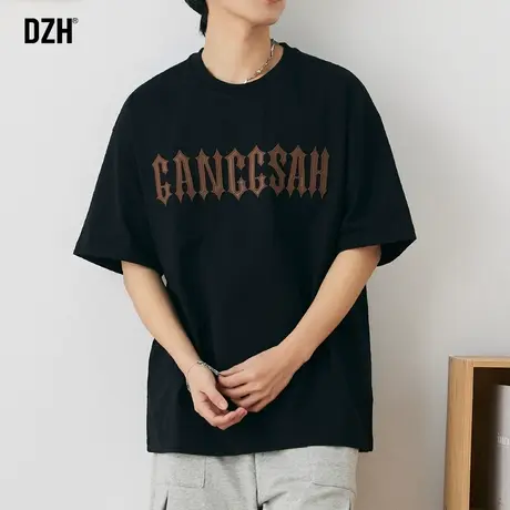 男士黑色短袖美式街头纯棉t恤男ins潮流百搭夏季男装2023新款体恤商品大图