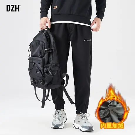 男士休闲裤男冬季华夫格裤子加绒男款2023新款潮牌刺绣黑色束脚裤商品大图