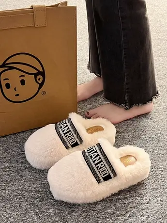 包头厚底毛毛拖鞋女外穿2023新款秋冬季印字感时尚毛绒居家棉拖鞋商品大图