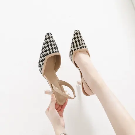 包头单鞋女气质2023年新款法式千格鸟百搭仙女风方头高跟鞋女细跟图片