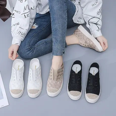 网鞋女透气网面小香风渔夫鞋2023夏季新款一脚蹬懒人鞋孕妇鞋布鞋商品大图