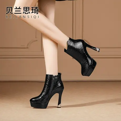 真皮圆头厚底超高跟短靴女2023秋冬季新款防水台高跟时装及踝靴子图片