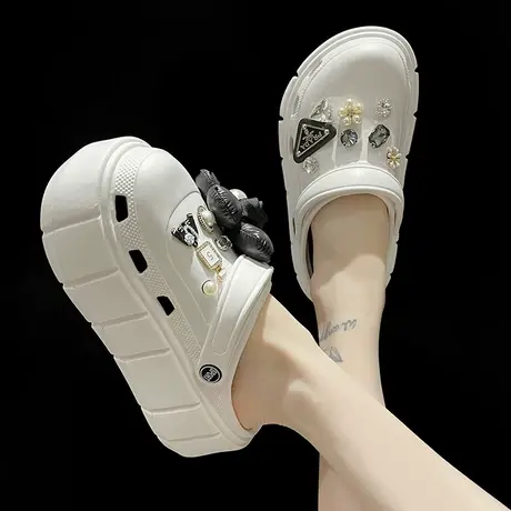 洞洞鞋女夏季学生外穿时尚水钻珍珠松糕厚底防滑两穿高跟包头凉拖商品大图