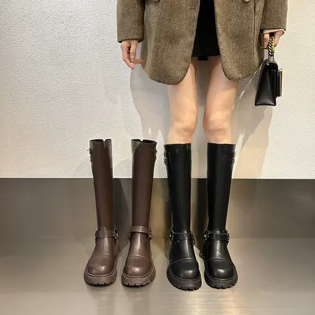 长筒靴女2023年秋冬季新款复古百搭不过膝靴英伦风流行粗跟骑士靴图片