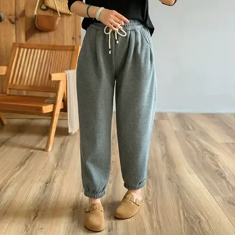 dza 高腰显瘦加厚灰色卫裤女冬休闲加绒裤子宽松阔腿裤直筒运动裤商品大图