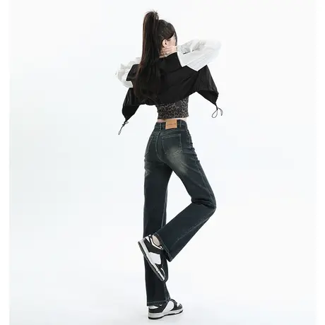 高腰直筒牛仔裤女春秋2024年新款显瘦小个子九分窄版阔腿烟管裤子商品大图