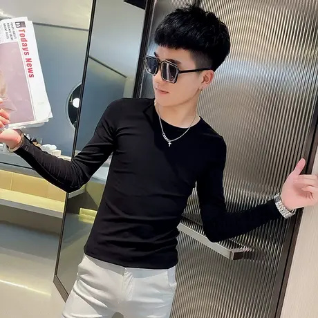 秋季男士纯色百搭t恤打底衫长袖修身紧身潮流时尚休闲ins痞帅体恤商品大图