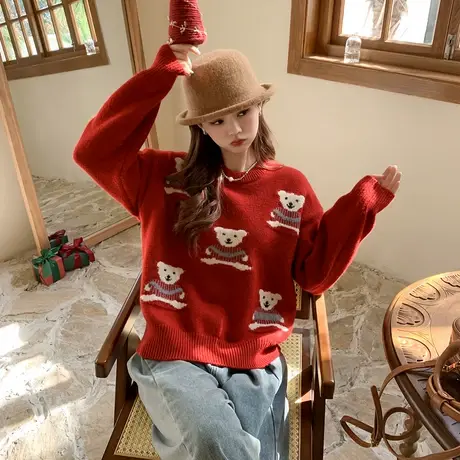 othermix小熊卡通印花毛衣女2023秋冬新款甜美小清新针织外穿上衣商品大图