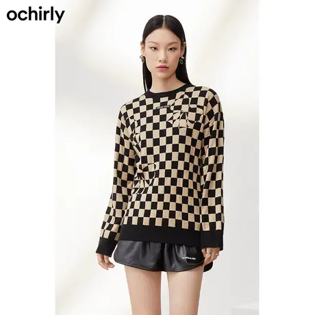 【呼呼严选专享】欧时力羊毛混纺毛衣中长棋盘格英伦风软糯新秋冬图片