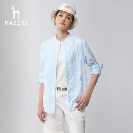 【纯棉条纹】Hazzys哈吉斯春季休闲无领衬衣长袖衬衫薄外套上衣女图片