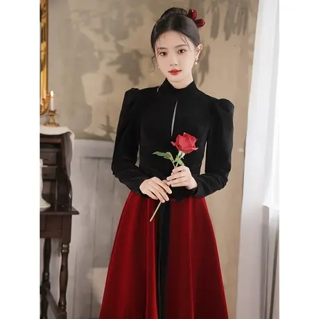 长袖敬酒服新娘2023新款冬季结婚订婚晚礼服裙高端轻奢小众中长款商品大图