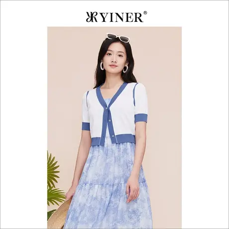 YINER音儿专选女装夏季时尚短款撞色拼接V领针织开衫商品大图