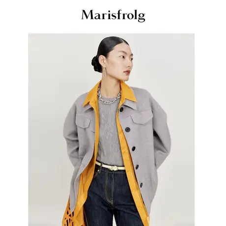 【美利奴羊毛】玛丝菲尔春新款深灰色双面呢毛呢外套短款大衣图片