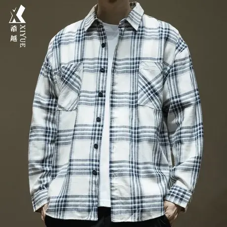 希越男士休闲格子衬衫2024春季新款宽松大码潮牌翻领外套日系衬衣商品大图