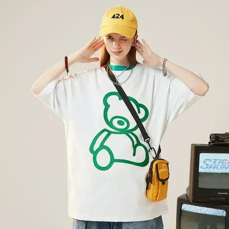 Nuthink日系潮牌刺绣小熊T恤男潮流卡通短袖大码宽松半袖上衣夏季商品大图