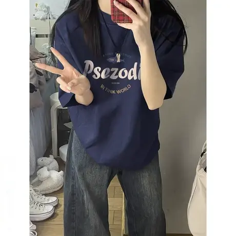 纯棉正肩短袖t恤女夏季大码宽松慵懒风设计感小众chic港味上衣服商品大图
