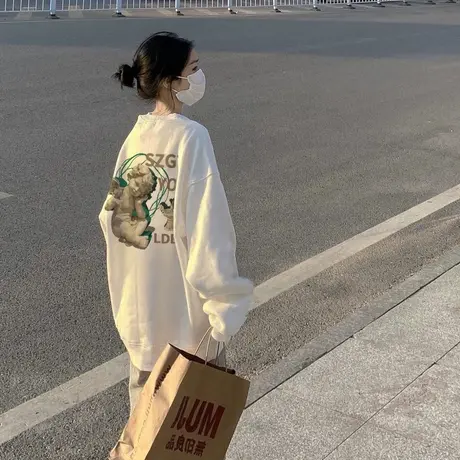 美式复古hiphop设计感卫衣女春秋季薄款ins潮牌宽松oversize上衣商品大图