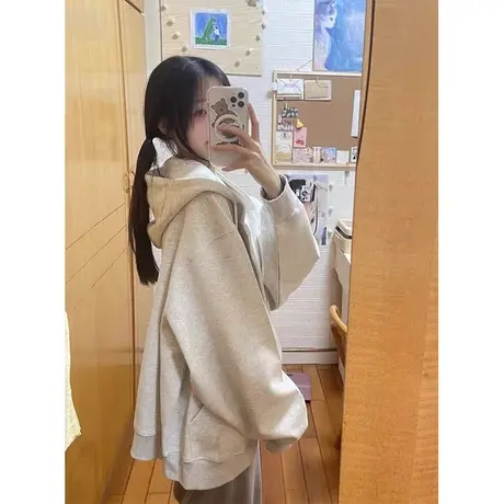 oversize美式连帽开衫卫衣女春秋薄款宽松慵懒风百搭上衣拉链外套图片