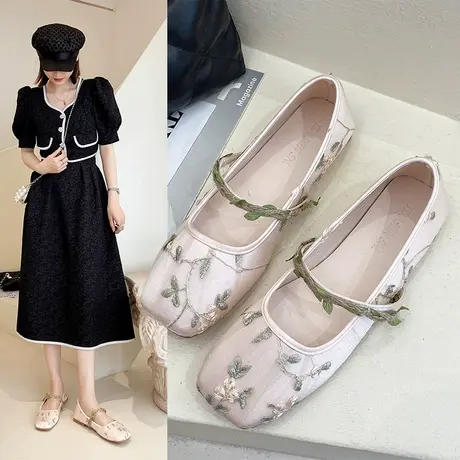 晚晚风温柔旗袍鞋子女2024新款配裙子法式平底浅口芭蕾舞单鞋女鞋商品大图