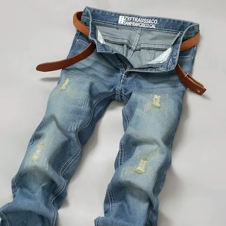 秋冬四季牛仔裤男破洞修身小直筒浅蓝色休闲时尚潮牌长裤日系韩风商品大图