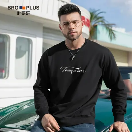 胖哥哥男士圆领卫衣大码宽松纯棉套头上衣潮牌印花秋季运动打底衫图片