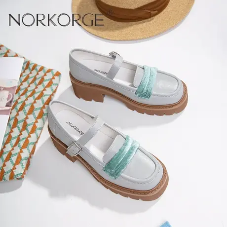 原创新款手工复古仙女风蓝灰色玛丽珍单鞋女鞋真皮方头粗跟高跟鞋商品大图