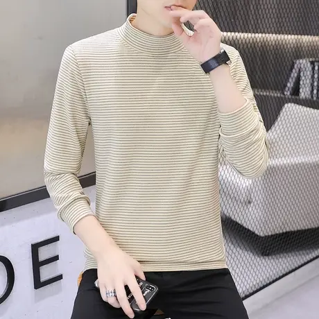 双面德绒长袖t恤男装潮流条纹秋季小衫半高领内搭打底衫中领秋衣商品大图