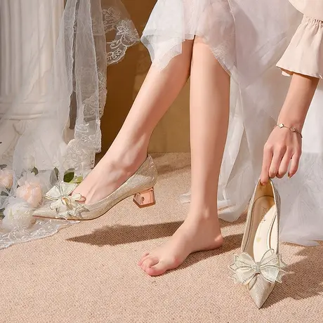 婚鞋女粗跟新娘鞋秀禾主婚纱两穿2023年新款香槟色水晶孕妇不累脚商品大图